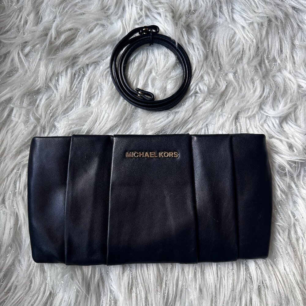 Michael Kors Black Daria Pleated Leather Clutch